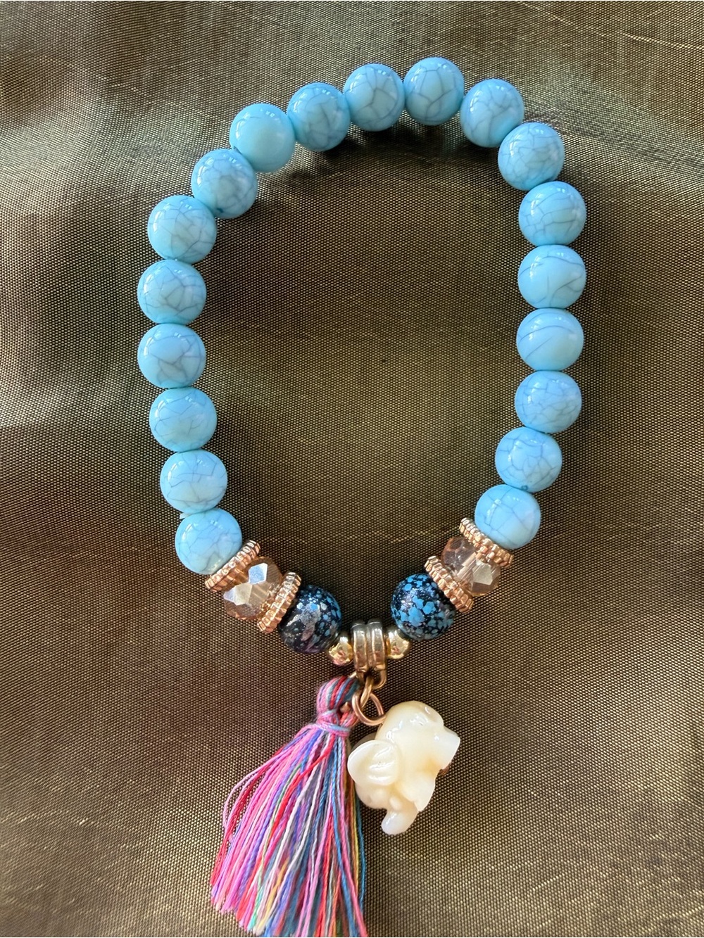Turquoise Beaded Bracelet with Multicolor Tassel and Elephant Charm